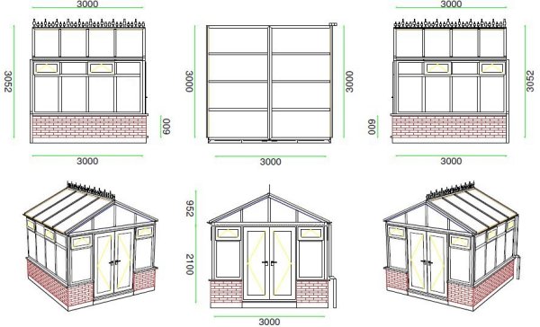 Gable-End Conservatory 3000mm by 3000mm by 3052mm