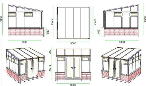 Lean-to Conservatory 3000mm by 3000mm by 2900mm