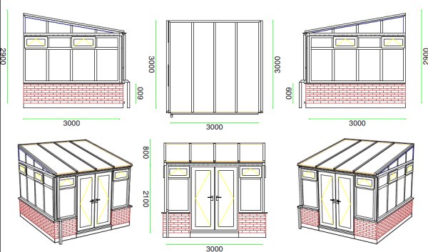 Lean-to Conservatory 3000mm by 3000mm by 2900mm